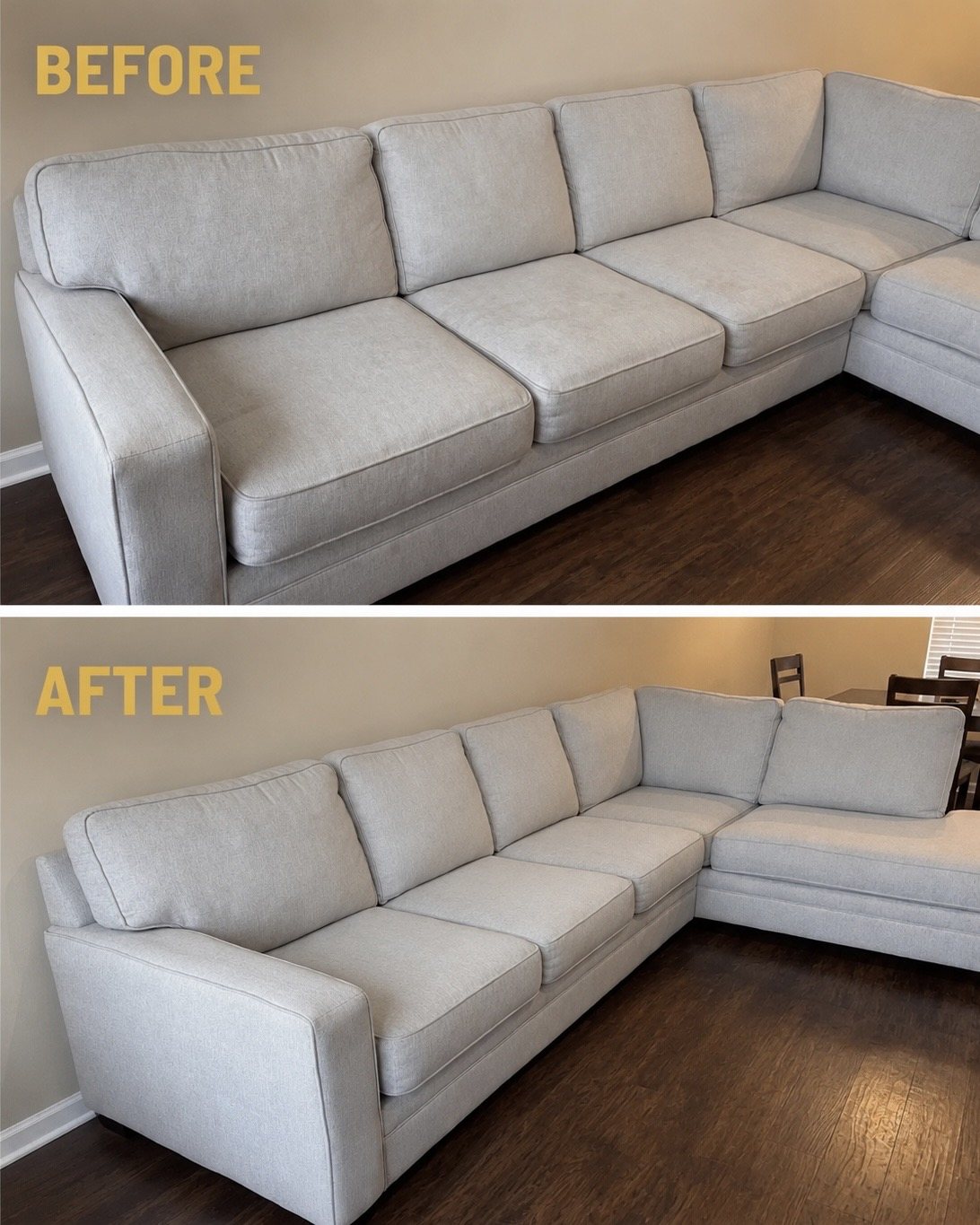 Before and after cleaning a large cream L-shaped sectional in the Bay Area
