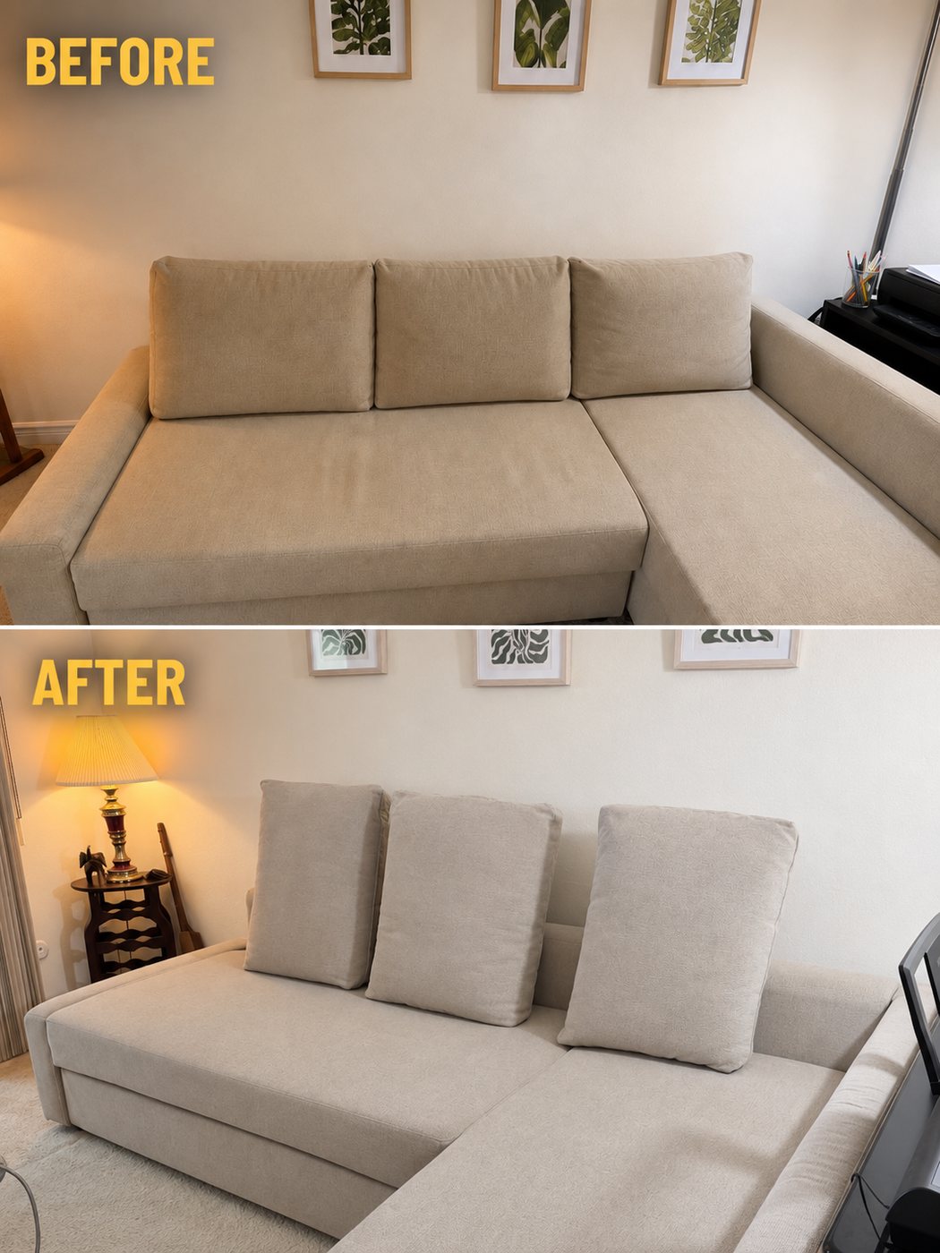 Before and after cleaning a beige L-shaped sofa in a Bay Area living room
