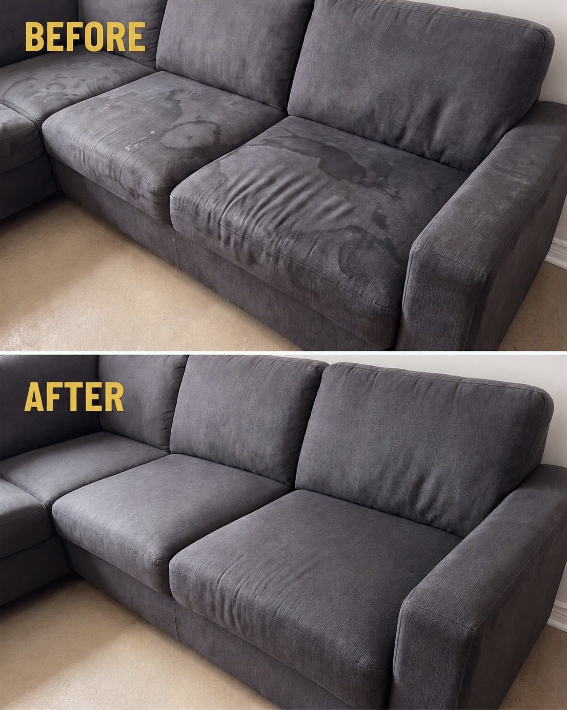 Before and after cleaning a grey sofa with heavy water marks and spills