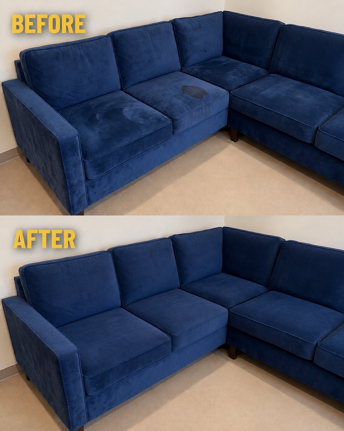 Before and after cleaning a blue velvet sectional with a set-in stain