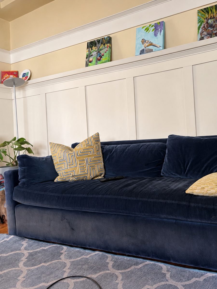 Before: navy velvet sofa with dusty marks along the front base