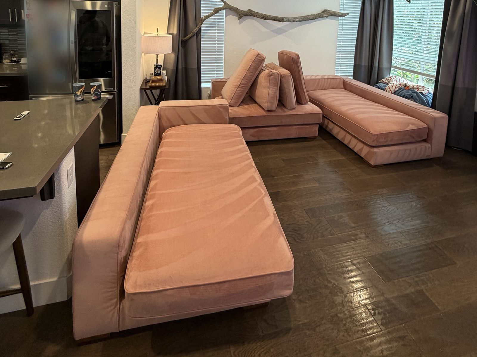 After: pink velvet sectional cleaned, spots lifted and cushions reassembled