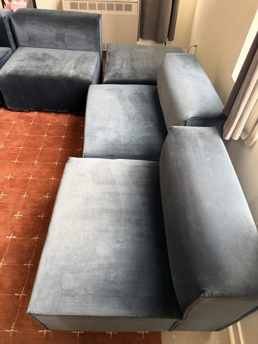 Before: blue velvet sectional with crushed, dulled pile