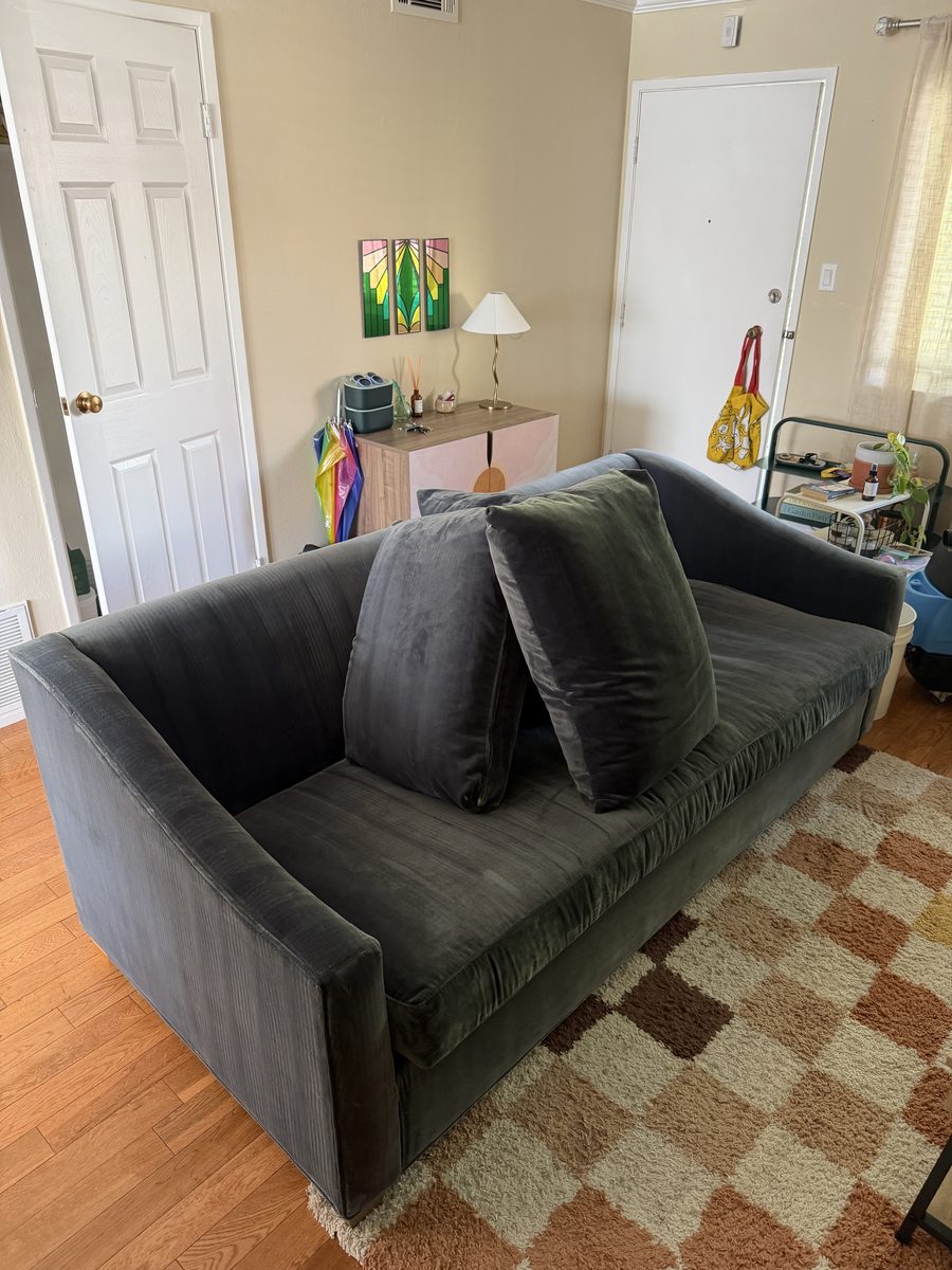 After: grey velvet sofa cleaned, pet hair removed and velvet restored