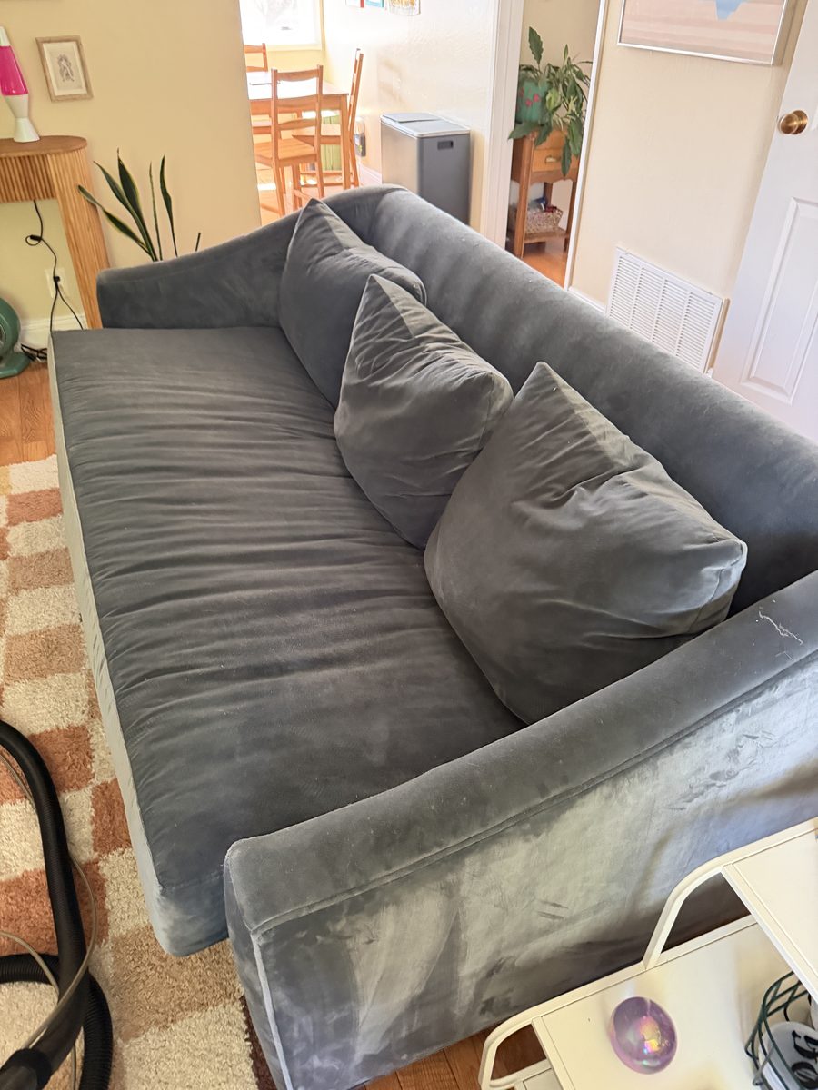 Before: grey velvet sofa covered in pet hair with pet urine marks