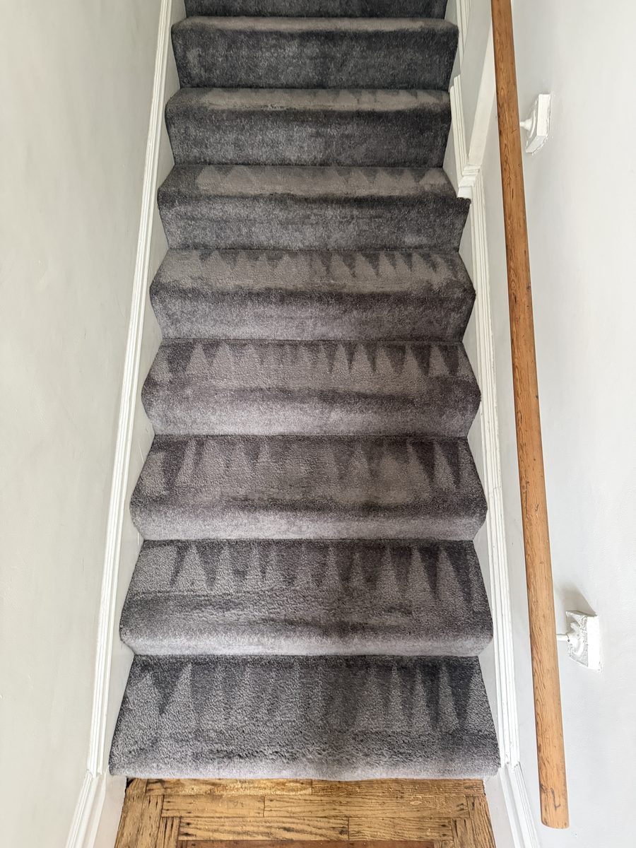 After: carpeted stairs cleaned with traffic lanes lifted